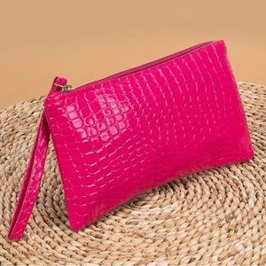 Pink Crocodile Embossed Pattern Long Coin Purse with Wristlet
